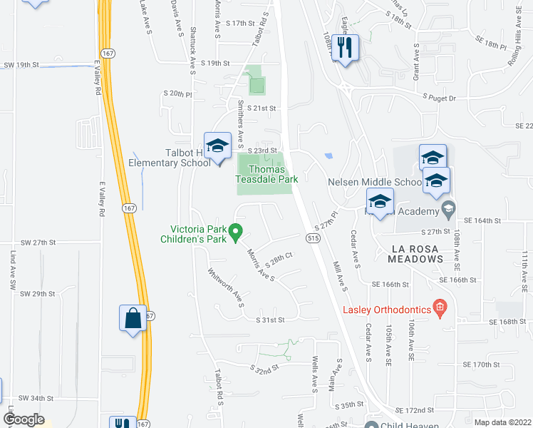 map of restaurants, bars, coffee shops, grocery stores, and more near 2526 Smithers Avenue South in Renton