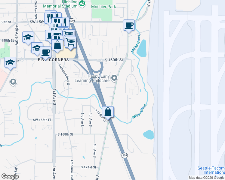 map of restaurants, bars, coffee shops, grocery stores, and more near 16223 Des Moines Memorial Drive South in Burien