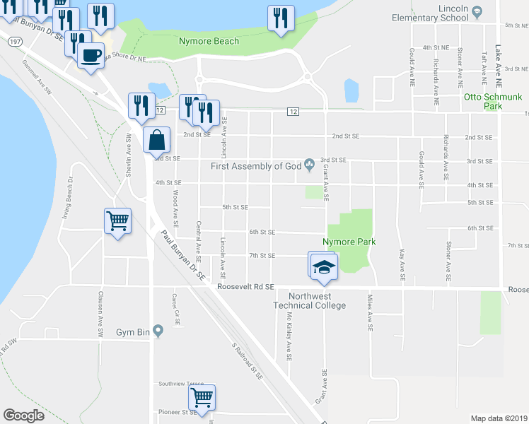 map of restaurants, bars, coffee shops, grocery stores, and more near 814 5th Street Southeast in Bemidji