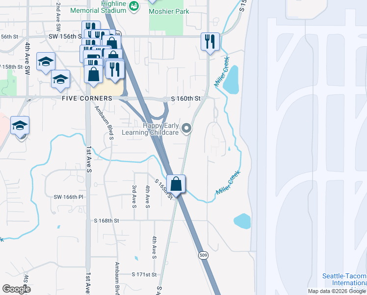 map of restaurants, bars, coffee shops, grocery stores, and more near 16223 Des Moines Memorial Drive South in Burien