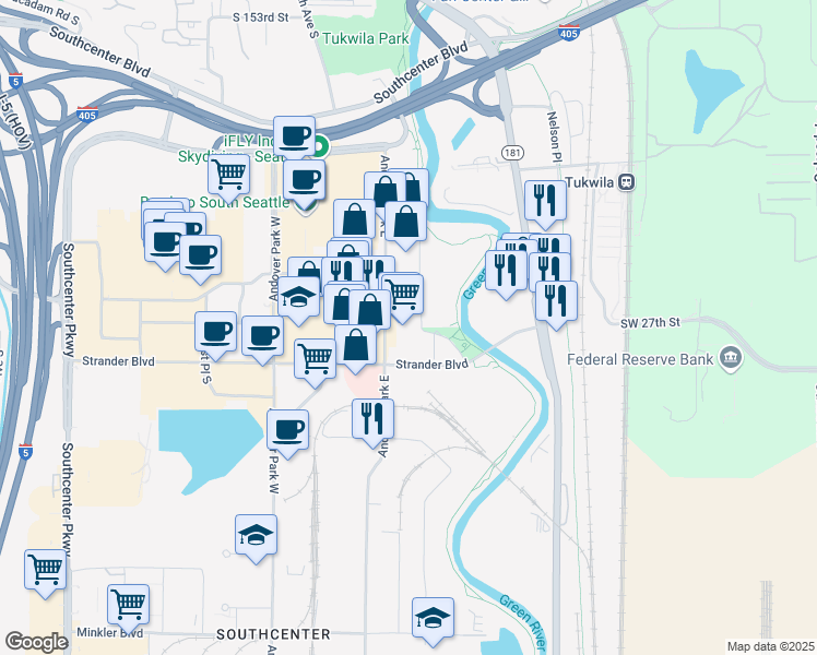 map of restaurants, bars, coffee shops, grocery stores, and more near 6871 Christensen Road in Tukwila
