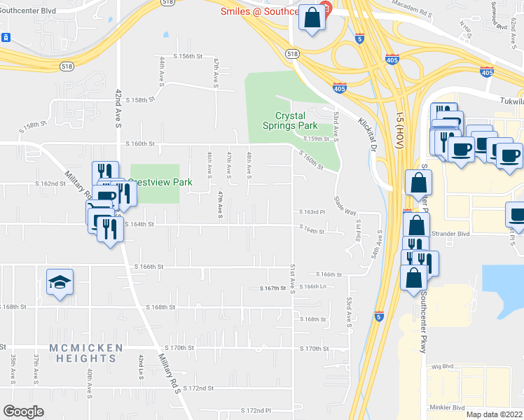 map of restaurants, bars, coffee shops, grocery stores, and more near 16235 49th Avenue South in Tukwila