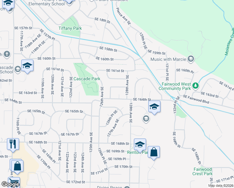 map of restaurants, bars, coffee shops, grocery stores, and more near 16321 127th Place Southeast in Renton