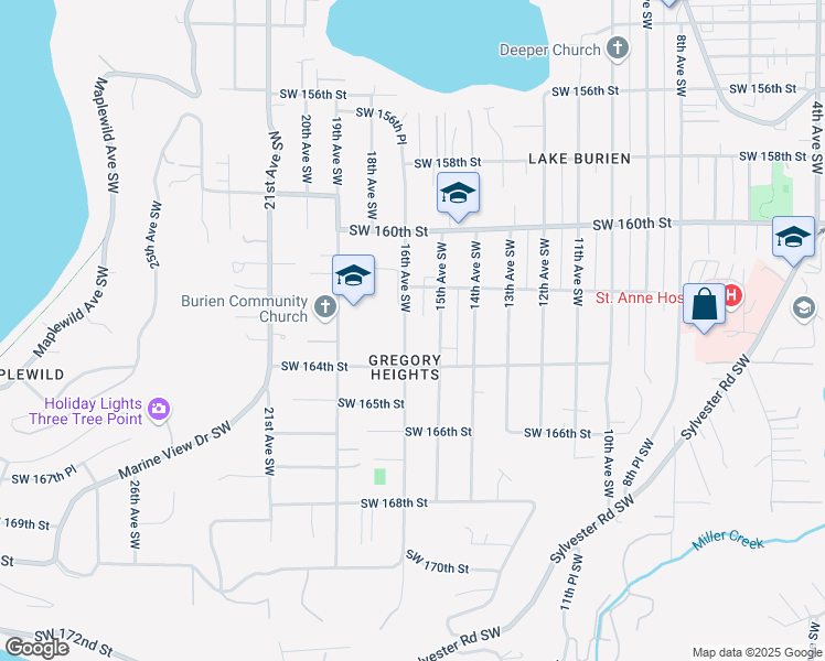 map of restaurants, bars, coffee shops, grocery stores, and more near 16238 16th Avenue Southwest in Burien