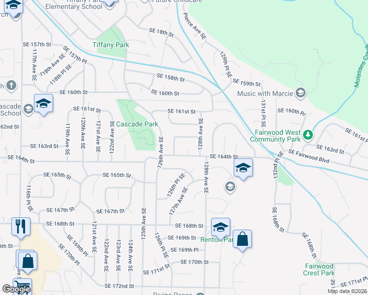 map of restaurants, bars, coffee shops, grocery stores, and more near 16321 127th Place Southeast in Renton