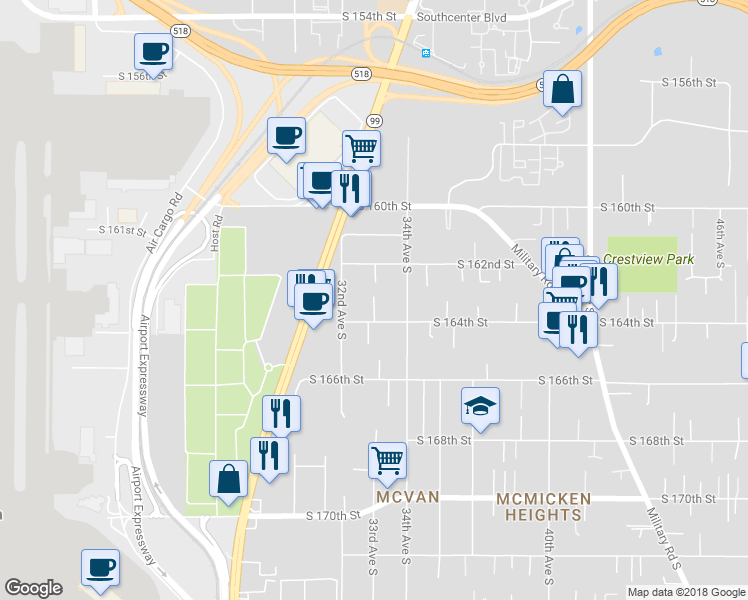 map of restaurants, bars, coffee shops, grocery stores, and more near 3232 South 164th Street in SeaTac