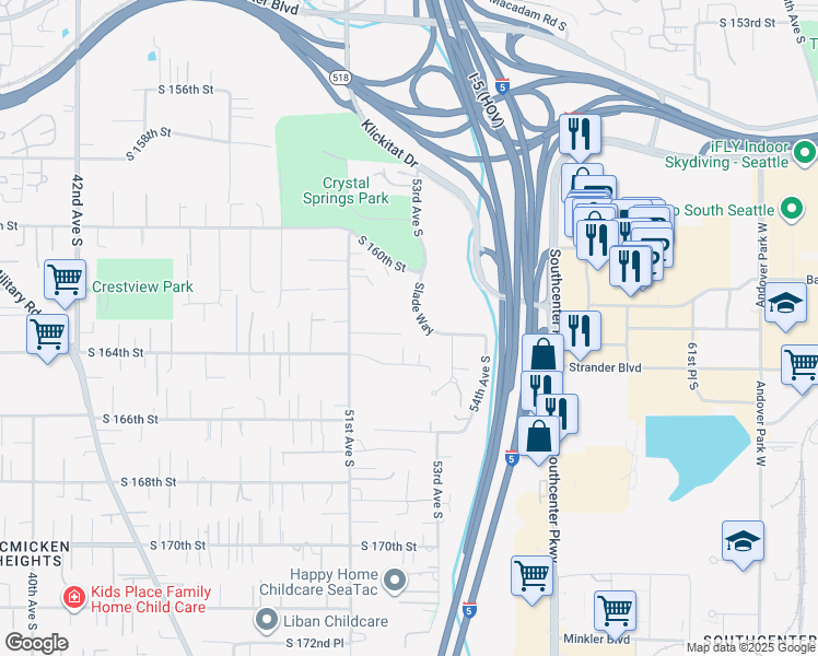 map of restaurants, bars, coffee shops, grocery stores, and more near 5112 South 163rd Place in Tukwila