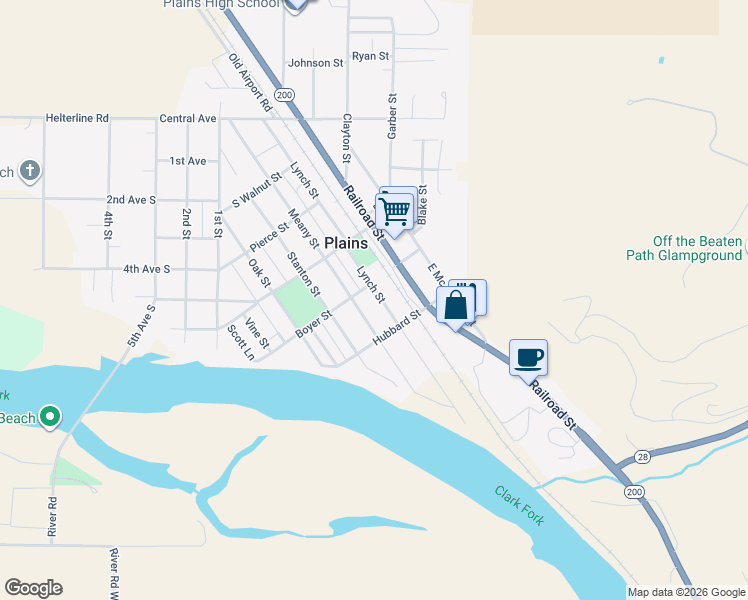 map of restaurants, bars, coffee shops, grocery stores, and more near 203 Lynch Street in Plains