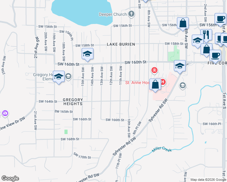 map of restaurants, bars, coffee shops, grocery stores, and more near 16233 11th Avenue Southwest in Burien