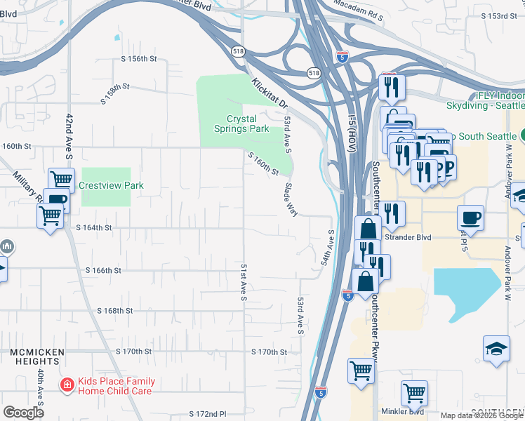 map of restaurants, bars, coffee shops, grocery stores, and more near 5106 South 163rd Place in Tukwila