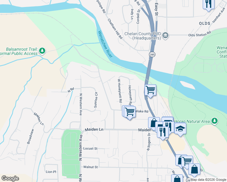 map of restaurants, bars, coffee shops, grocery stores, and more near 1634 Tanda Lane in Wenatchee