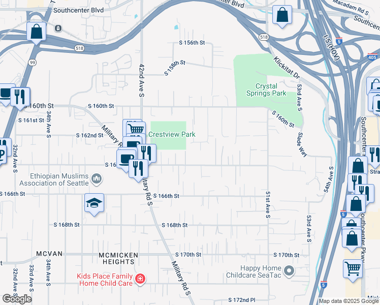map of restaurants, bars, coffee shops, grocery stores, and more near 4428 South 164th Street in Tukwila