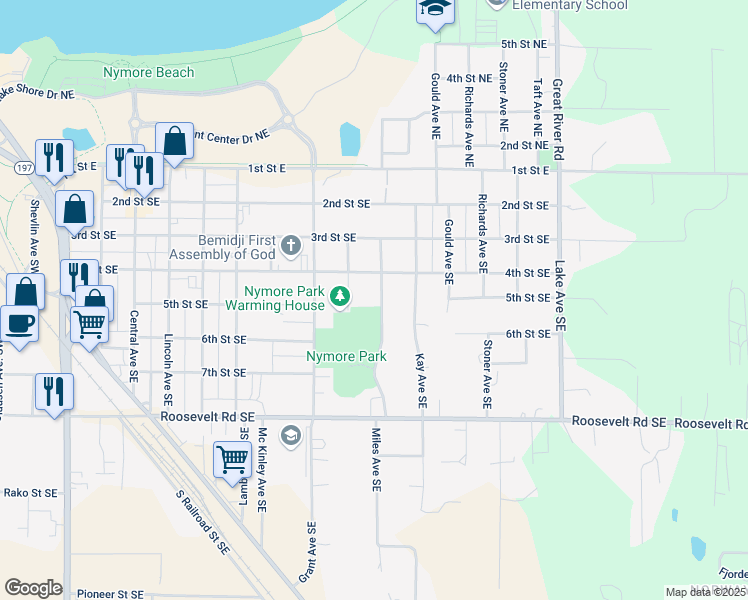 map of restaurants, bars, coffee shops, grocery stores, and more near 419 Miles Avenue Southeast in Bemidji