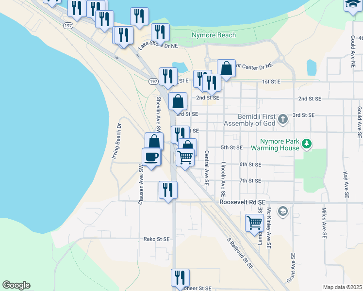 map of restaurants, bars, coffee shops, grocery stores, and more near 414 Paul Bunyan Drive Southeast in Bemidji