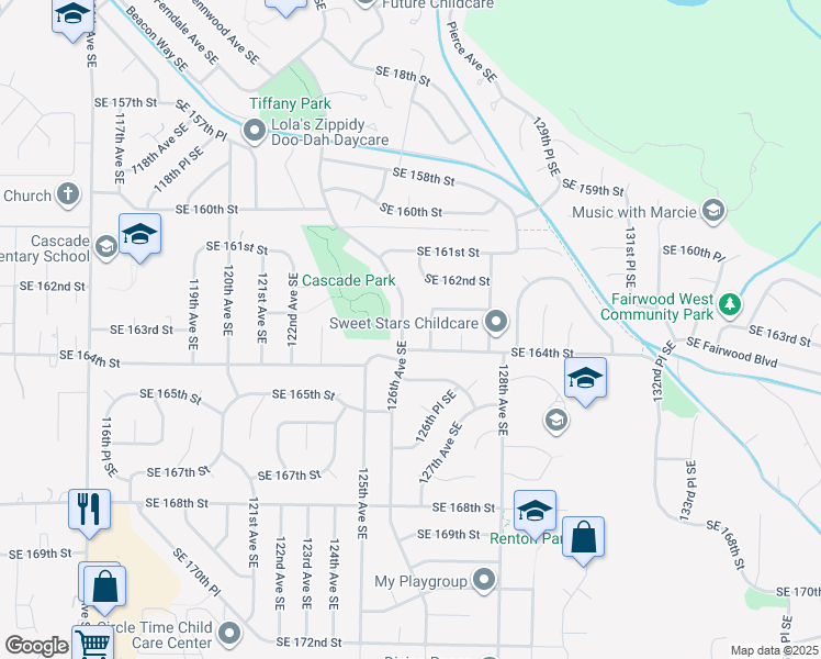map of restaurants, bars, coffee shops, grocery stores, and more near 16302 126th Avenue Southeast in Renton