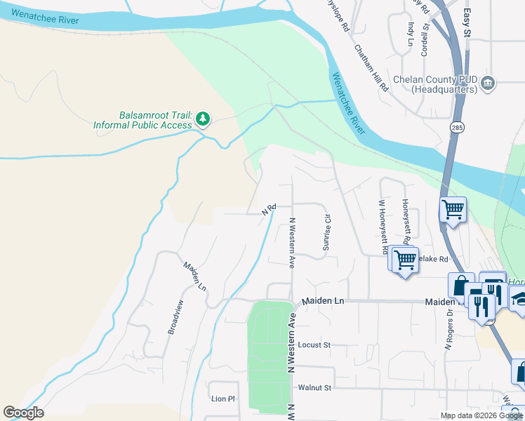 map of restaurants, bars, coffee shops, grocery stores, and more near 1820 North Road in Wenatchee