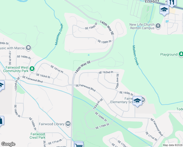 map of restaurants, bars, coffee shops, grocery stores, and more near 14203 Southeast 162nd Place in Renton