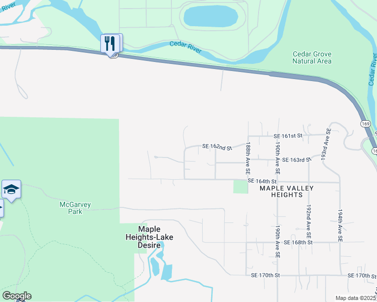 map of restaurants, bars, coffee shops, grocery stores, and more near 18405 Southeast 162nd Street in Renton
