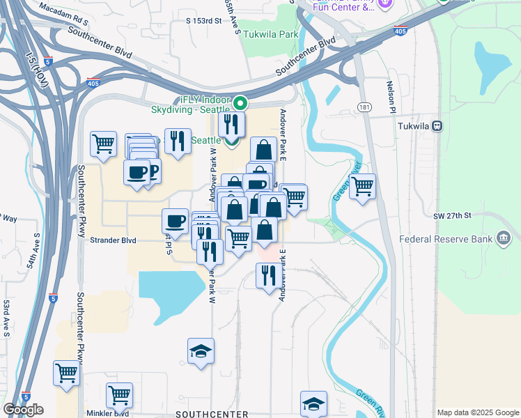 map of restaurants, bars, coffee shops, grocery stores, and more near 223 Andover Park East in Tukwila