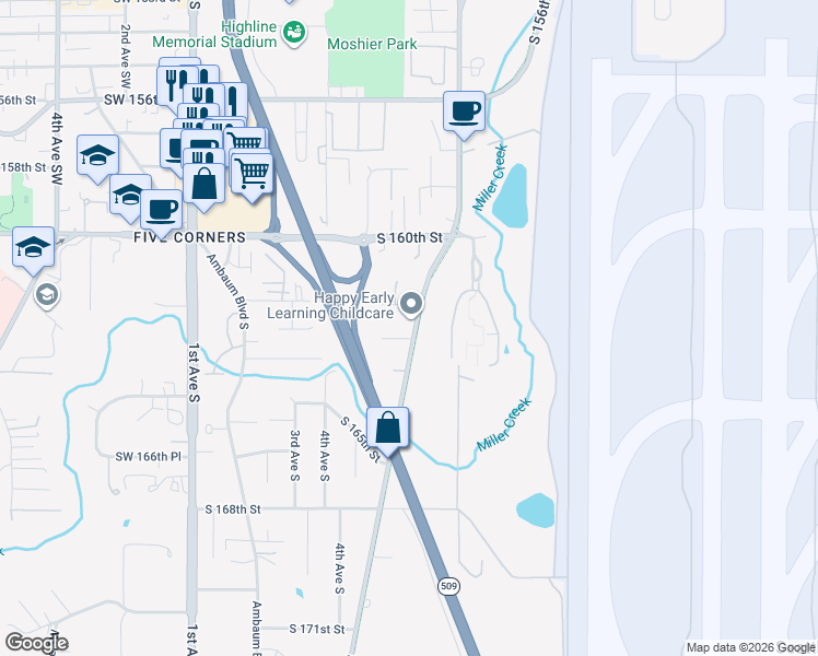 map of restaurants, bars, coffee shops, grocery stores, and more near 16223 Des Moines Memorial Drive South in Burien