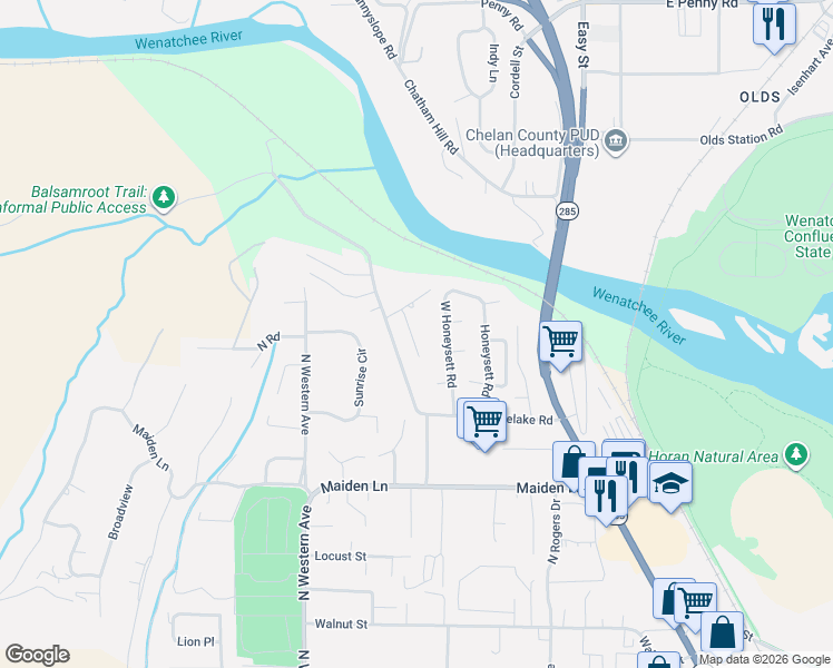 map of restaurants, bars, coffee shops, grocery stores, and more near 1634 Tanda Lane in Wenatchee