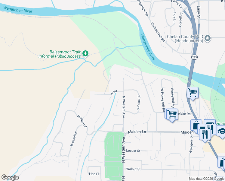 map of restaurants, bars, coffee shops, grocery stores, and more near 1820 North Road in Wenatchee