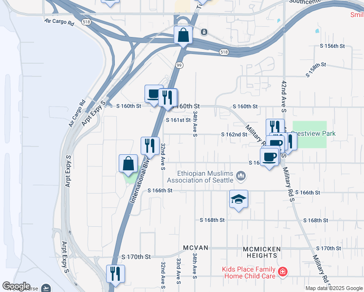 map of restaurants, bars, coffee shops, grocery stores, and more near 3232 South 164th Street in SeaTac