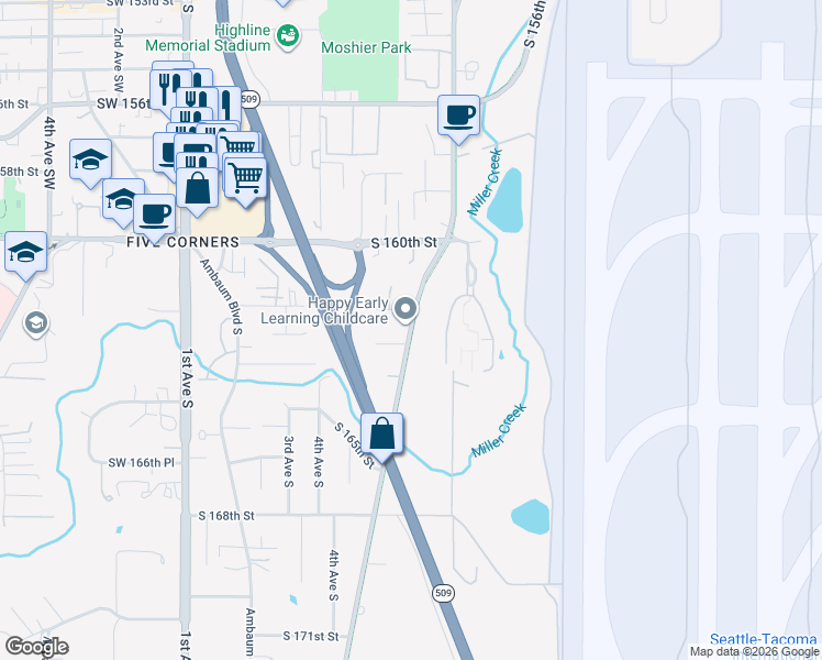map of restaurants, bars, coffee shops, grocery stores, and more near 16223 Des Moines Memorial Drive South in Burien