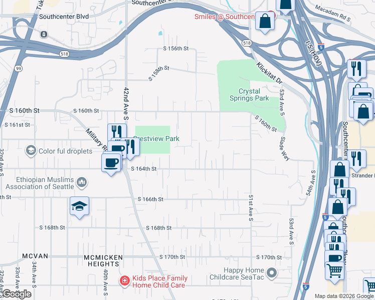 map of restaurants, bars, coffee shops, grocery stores, and more near 4630 South 164th Street in Tukwila