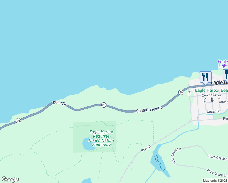map of restaurants, bars, coffee shops, grocery stores, and more near 7921 Michigan 26 in Eagle Harbor