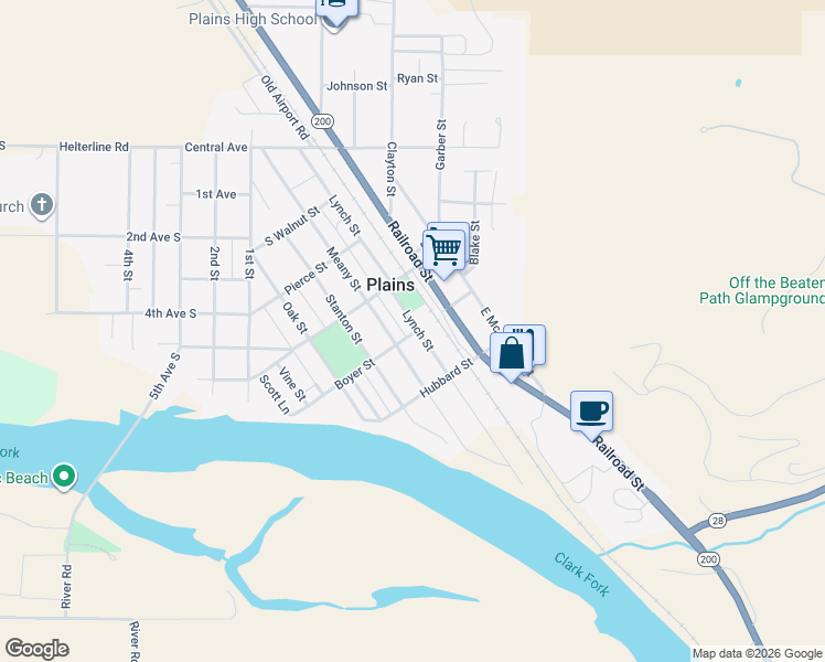 map of restaurants, bars, coffee shops, grocery stores, and more near 201-211 Lynch St in Plains