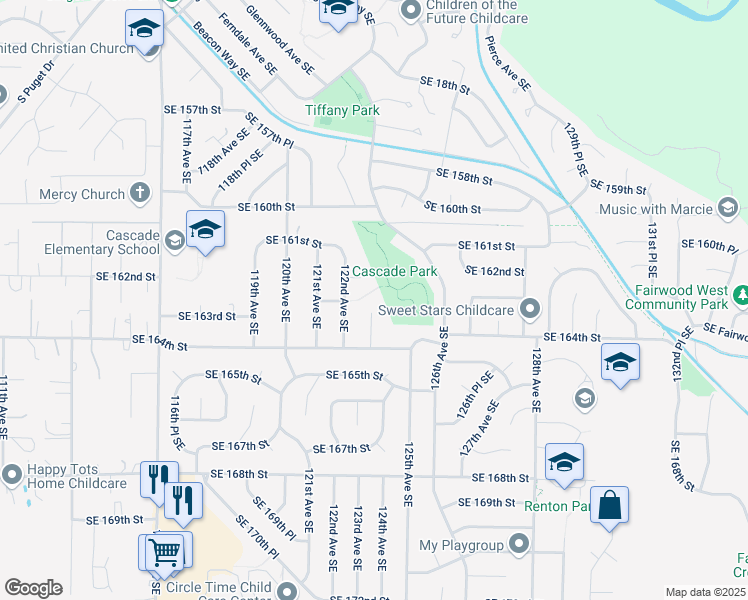 map of restaurants, bars, coffee shops, grocery stores, and more near 16214 123rd Avenue Southeast in Renton