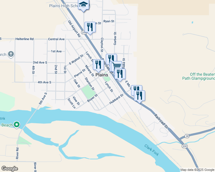 map of restaurants, bars, coffee shops, grocery stores, and more near 201-211 Lynch St in Plains