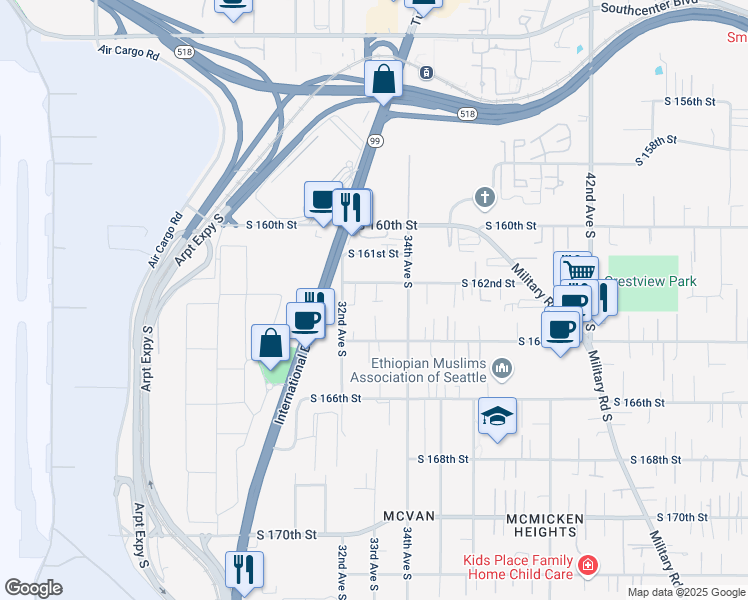 map of restaurants, bars, coffee shops, grocery stores, and more near 3232 South 164th Street in SeaTac