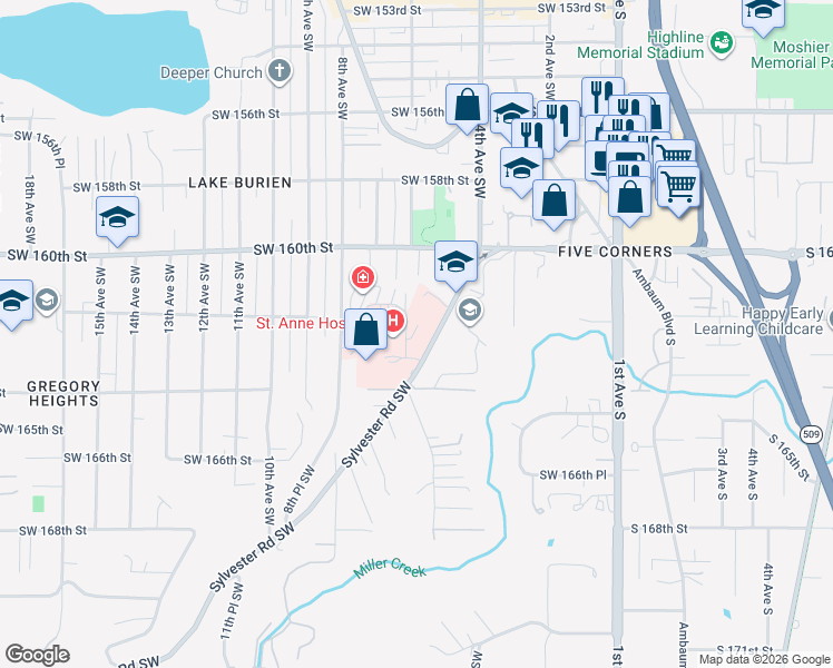 map of restaurants, bars, coffee shops, grocery stores, and more near 16069 Sylvester Road Southwest in Burien