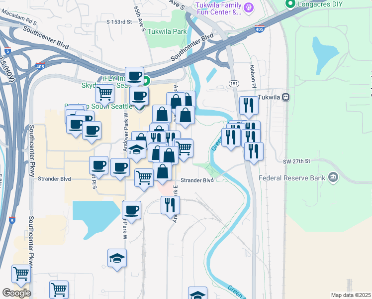 map of restaurants, bars, coffee shops, grocery stores, and more near 6871-6899 Christensen Rd in Tukwila