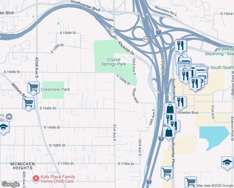 map of restaurants, bars, coffee shops, grocery stores, and more near 5106 South 163rd Place in Tukwila