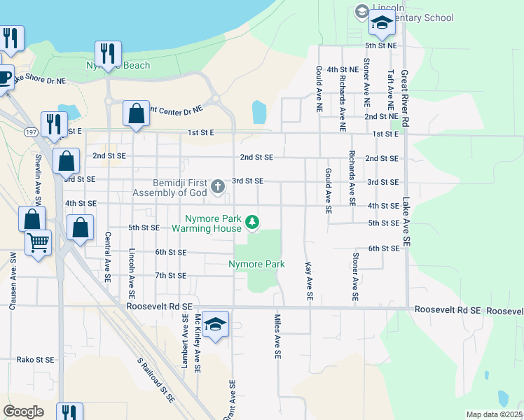 map of restaurants, bars, coffee shops, grocery stores, and more near 419 Miles Avenue Southeast in Bemidji
