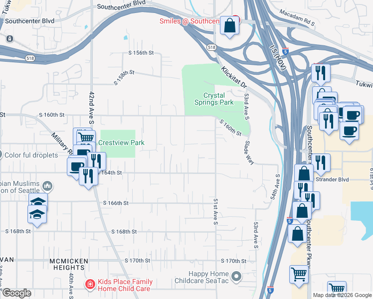 map of restaurants, bars, coffee shops, grocery stores, and more near 16235 49th Avenue South in Tukwila