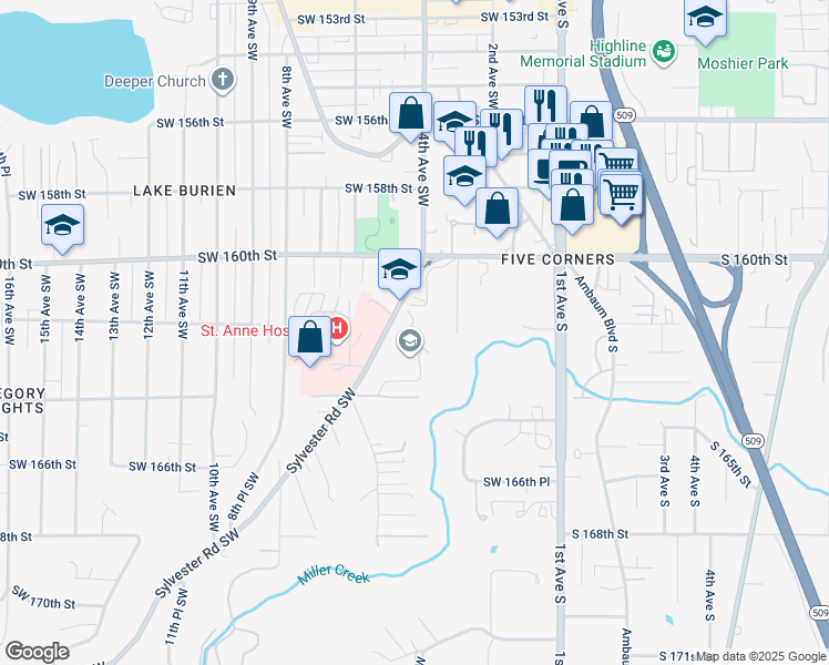 map of restaurants, bars, coffee shops, grocery stores, and more near 16222 Sylvester Road Southwest in Burien