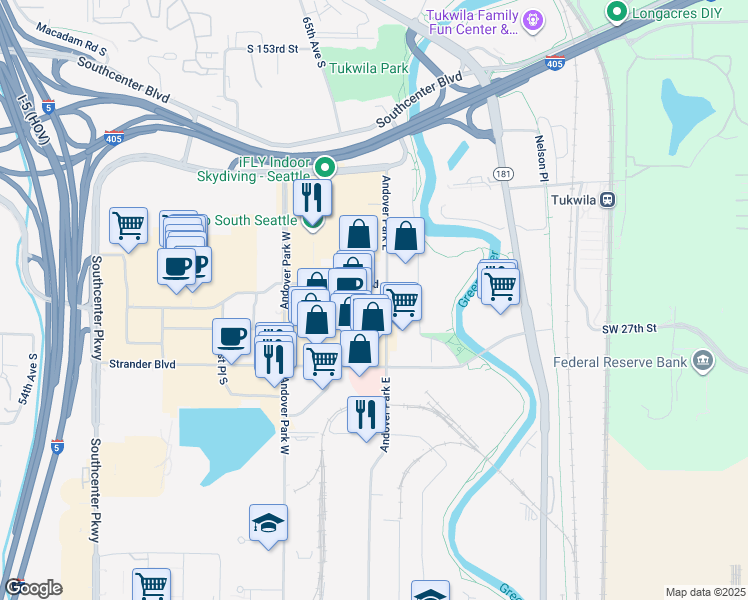 map of restaurants, bars, coffee shops, grocery stores, and more near 411 Baker Boulevard in Tukwila