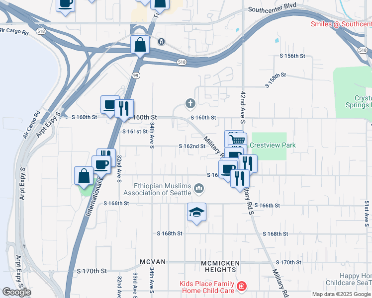 map of restaurants, bars, coffee shops, grocery stores, and more near 16106 37th Lane South in SeaTac