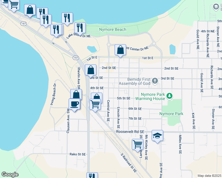 map of restaurants, bars, coffee shops, grocery stores, and more near 610 3rd Street Southeast in Bemidji
