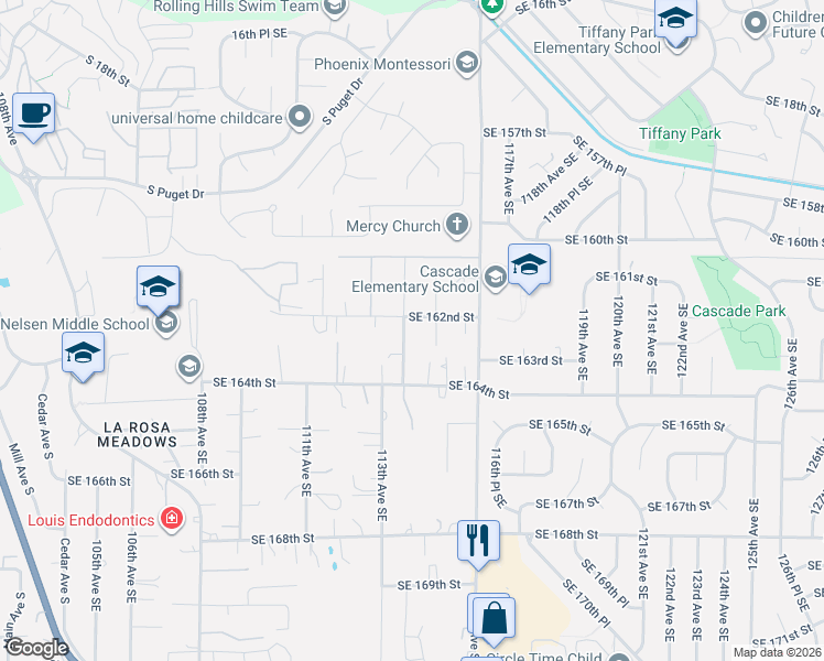 map of restaurants, bars, coffee shops, grocery stores, and more near 16208 Southeast 114th Street in Renton