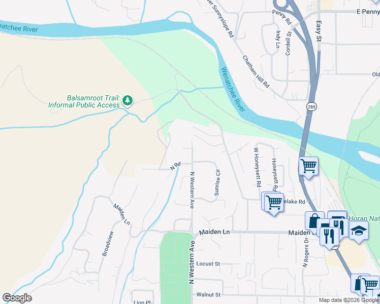 map of restaurants, bars, coffee shops, grocery stores, and more near 2220 North Western Avenue in Wenatchee