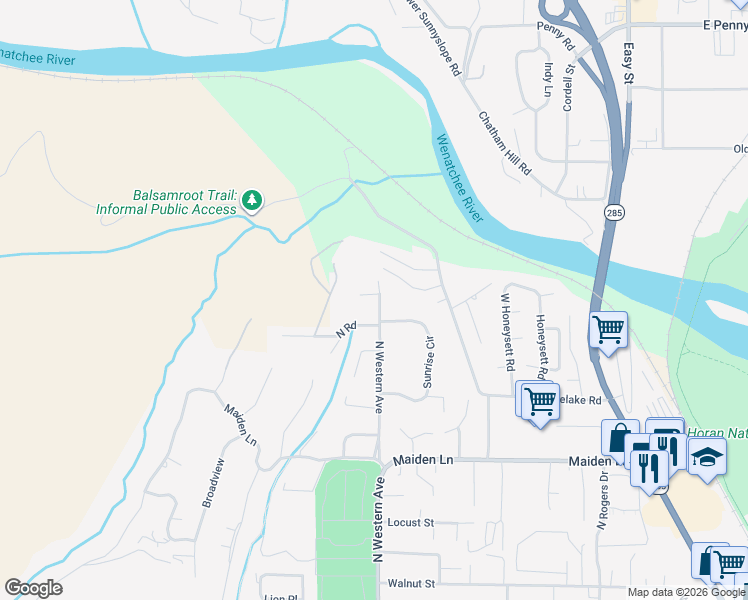 map of restaurants, bars, coffee shops, grocery stores, and more near 2220 North Western Avenue in Wenatchee