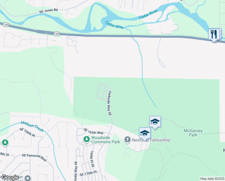 map of restaurants, bars, coffee shops, grocery stores, and more near 16124 Parkside Way Southeast in Renton
