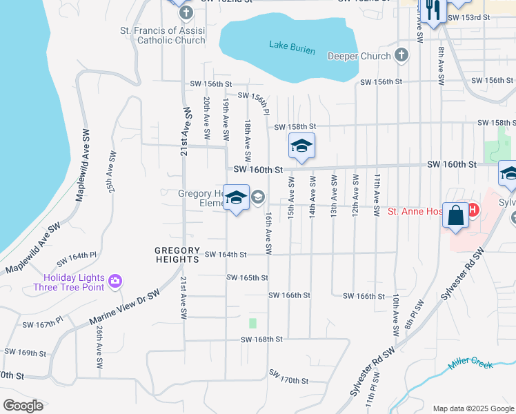 map of restaurants, bars, coffee shops, grocery stores, and more near 16201 16th Avenue Southwest in Burien