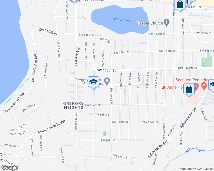 map of restaurants, bars, coffee shops, grocery stores, and more near 16201 16th Avenue Southwest in Burien