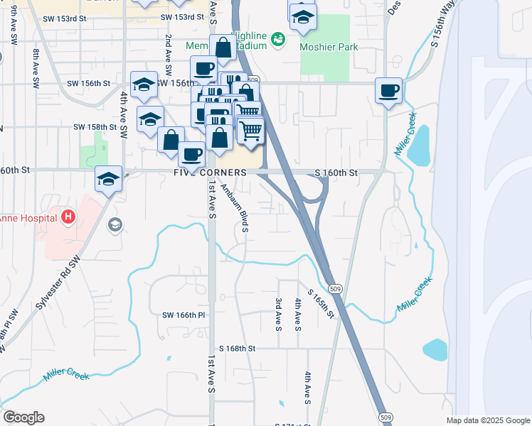 map of restaurants, bars, coffee shops, grocery stores, and more near 246 South 162nd Street in Burien